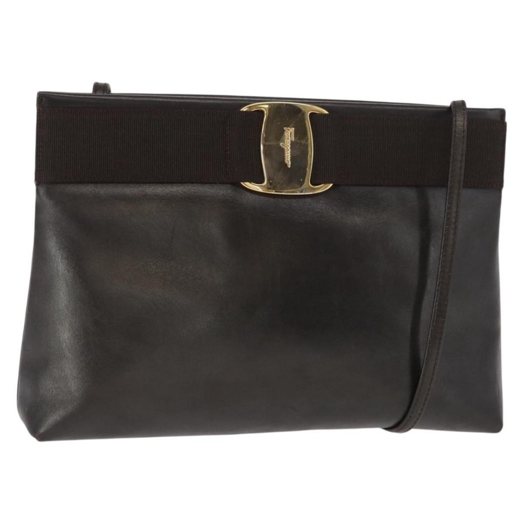 Authentic Salvatore Ferragamo Vala Shoulder Bag Leather Dark Brown Gold